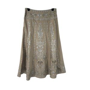 Vanity Collection Beige Silver Embroidered Heavily Beaded Midi Skirt Sz 2 Women’